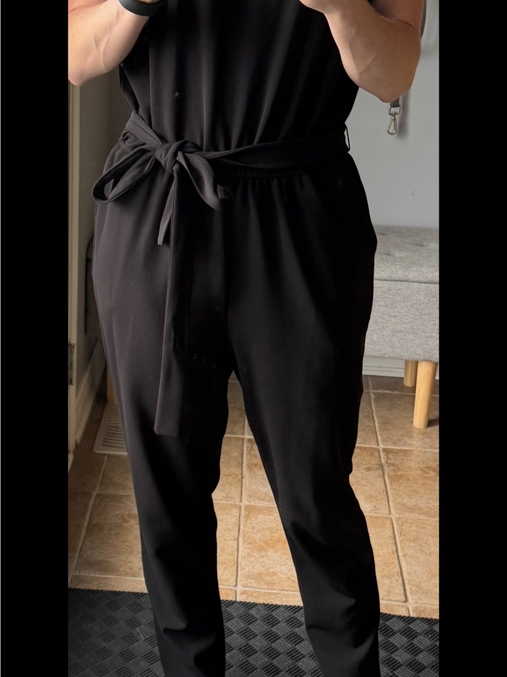 Womens Black Tie-Waist Jumpsuit Pants